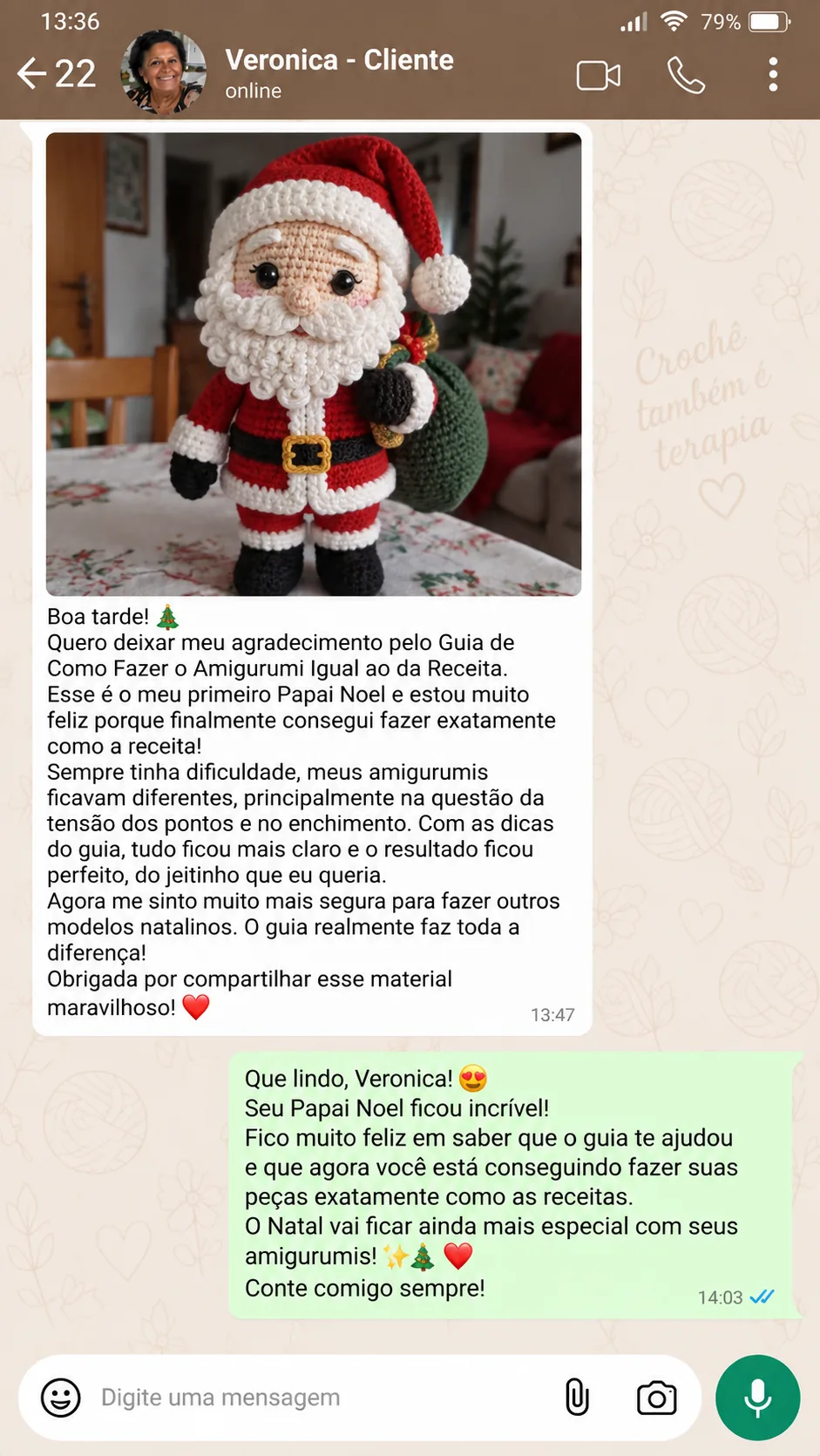 Depoimento de cliente que fez um amigurumi com o guia