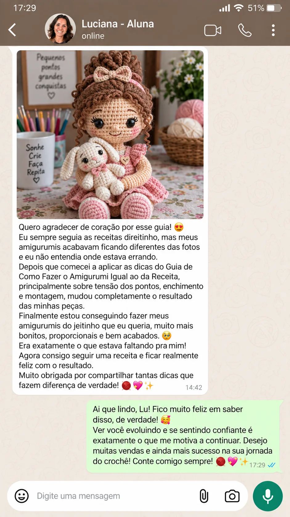 Depoimento de cliente que fez um amigurumi com o guia